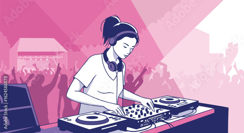 DJ mixing music in front of excited crowd at a venue. Great for event ads