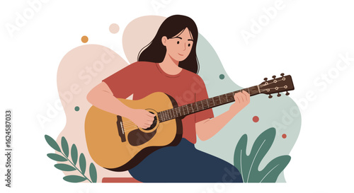 Woman plays guitar in a modern decorated room; for use in web design and advertising