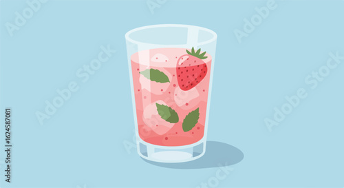 Fruity drink with strawberry garnish against a plain blue background mockup