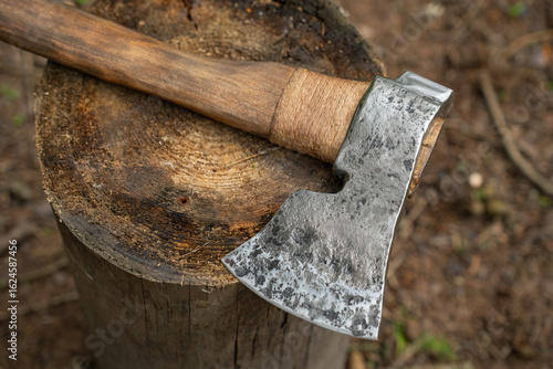 Swedish axe in green forest - close up.