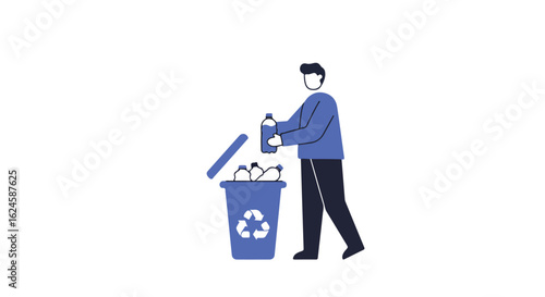 Individual puts plastic bottles in a recycling bin on white; save the planet