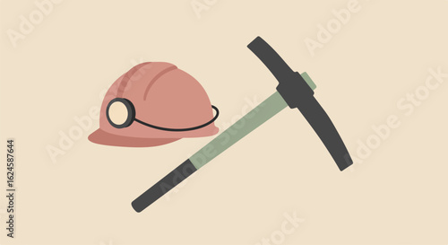 Flat design of safety helmet with light and pickaxe on plain background for business