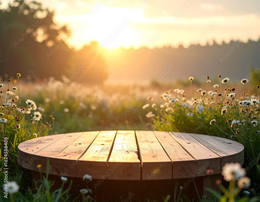 Fototapeta premium Round wooden table in a field at sunrise