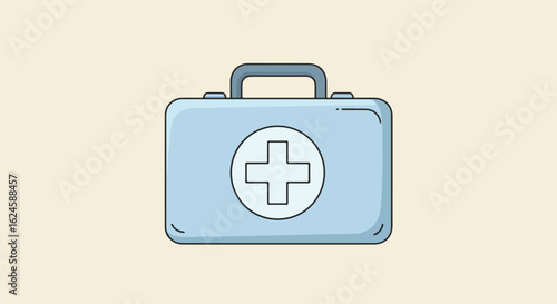 Minimalist graphic of a light blue medical kit on a tan background for safety guides