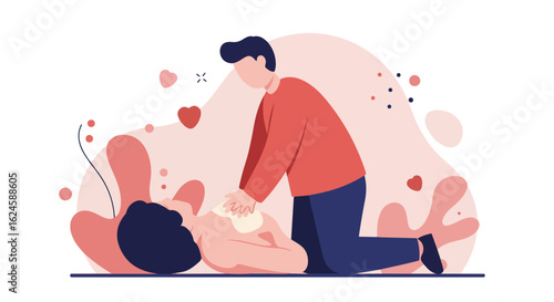 Man doing CPR on floor with floating hearts; for medical training, awareness