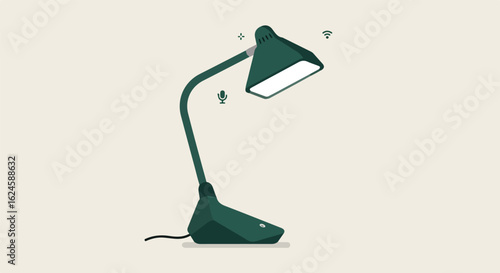 Table lamp illuminates, with icons showing connectivity and background decorations