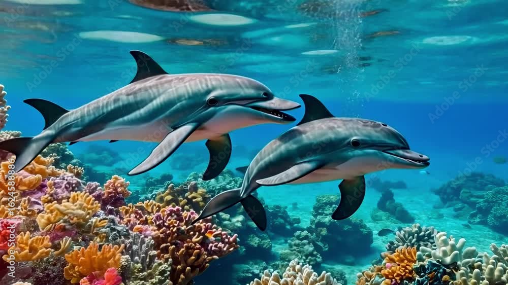 Dolphins swim through vibrant coral reefs in crystal clear waters during a sunny day in a tropical location Dolphins swim through vibrant coral reefs in crystal clear waters during a sunny day in a tropical location