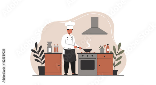 Chef cooking on stove in kitchen with plants; culinary arts education illustration