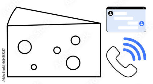 Cheese slice with holes, chat bubble interface, and ringing phone icon. Ideal for food culture, connectivity, communication, customer service, tech representation, informal chats simple landing page