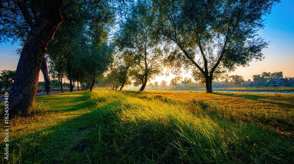 Fototapeta premium Lush green grass alongside a tree-lined path at sunrise.