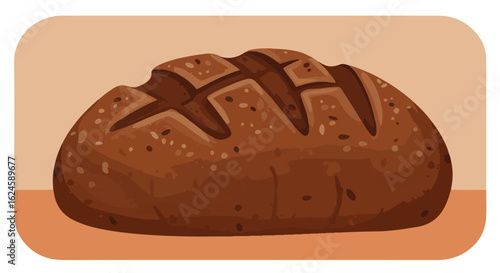 Fresh Baked Dark Bread Rustic loaf on the table, minimal background, food concept