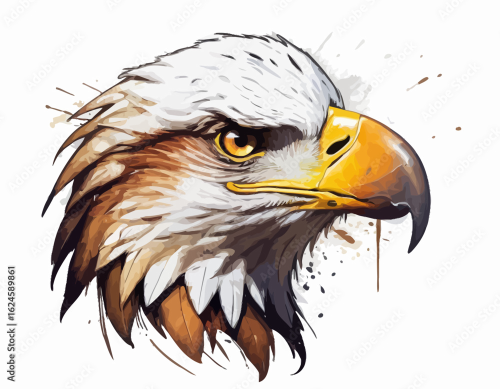 Fototapeta premium The eagle's sharp, hooked beak is a vibrant yellow, and its eyes are a piercing yellow, giving it an intense and focused expression (1)