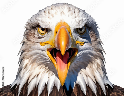 The eagle's sharp, hooked beak is a vibrant yellow, and its eyes are a piercing yellow, giving it an intense and focused expression (1)