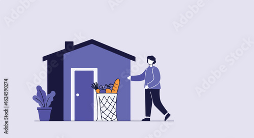 Delivery person leaves groceries outside house in the background for safety