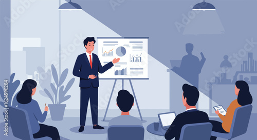 Presenter shares data charts to attendees during workshop in office with coworkers