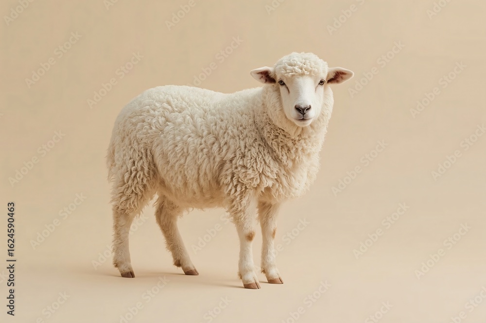 Fototapeta premium Fluffy sheep posing, studio beige backdrop