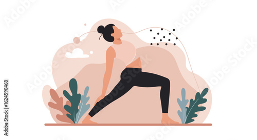 Female in yoga pose with abstract shapes and plants background. Healthy lifestyle