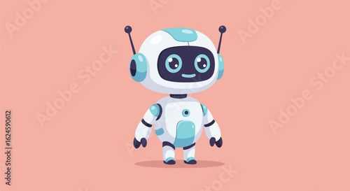 Cheerful robot standing on a plain background. Illustration for toy advertisement