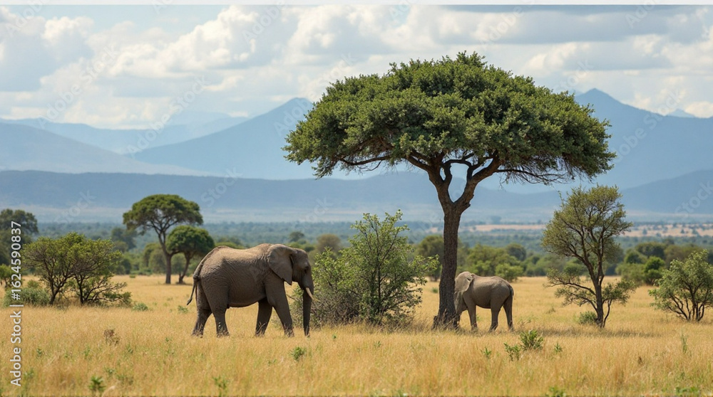 Obraz premium Majestic elephants roam the African savanna, creating a tranquil scene of wildlife and natural beauty