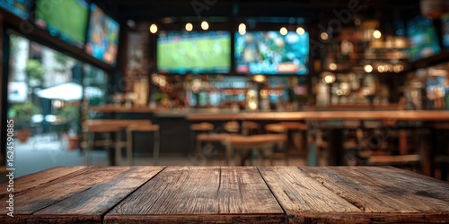 Wooden table in front of a blurry sports bar