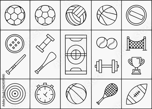 Collection of thirty five minimal black and white line art sports icons arranged in a 7x5 grid