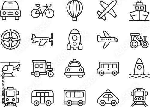 Collection of minimal black line art icons representing various modes of transportation and travel