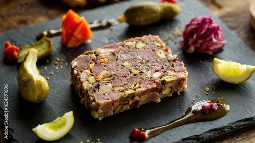 Terrine de campagne slice on slate board with pickled vegetables and pistachios showing rustic pork pate texture
