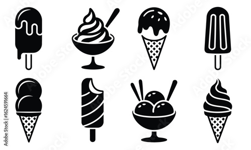 Black and white silhouette icons of ice cream and popsicles – minimalist collection showcasing various frozen treats in graphic vector style 
