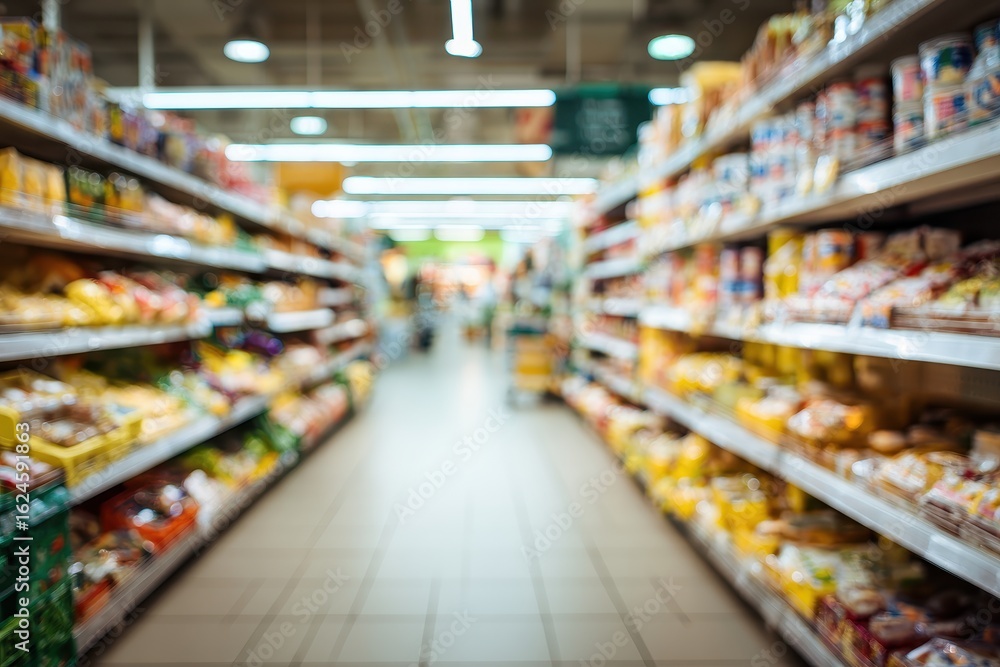Blurred supermarket aisle with shelves of food (4) Blurred supermarket aisle with shelves of food (4)