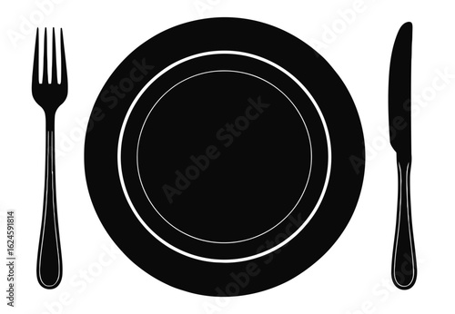 Minimalist black silhouette of a table setting with plate, fork, and knife – elegant dining icon for etiquette, restaurant, or culinary themes 