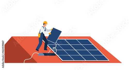 Rooftop installation worker places a solar panel on a roof in daylight