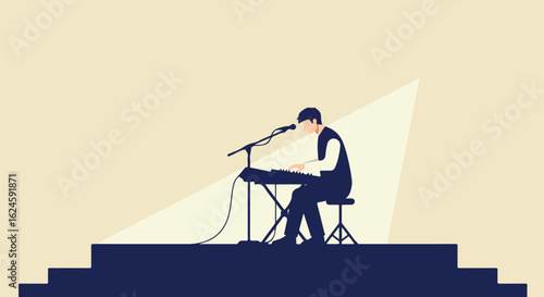 Pianist plays onstage with spotlight in background. For music, performance