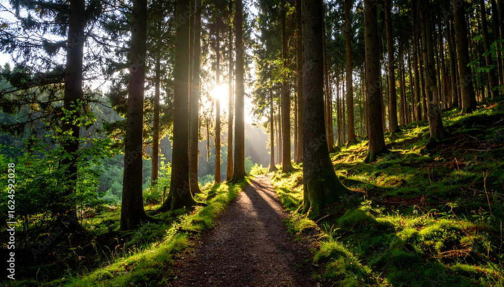 Obraz premium Golden Sunbeams Pierce a Serene Forest, Casting Long Shadows on a Winding Path
