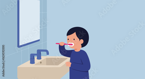 Boy brushes teeth in bathroom sink, hygiene illustration, healthy daily routine