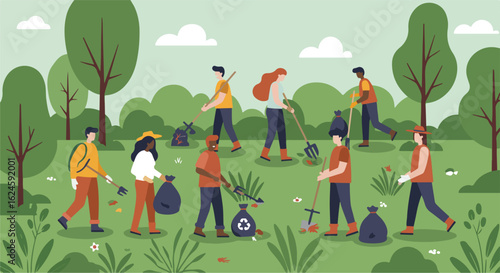 Volunteers cleanup park rake leaves, gather trash, recycle bags, preserve nature