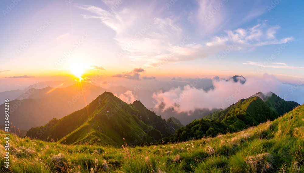 Obraz premium Golden Sunrise Illuminates Lush Green Mountain Peaks Above a Sea of Clouds.