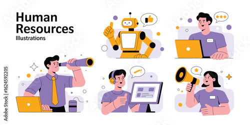 Artificial Intelligence in Hiring and Recruitment Process, Business Characters Using AI Tools for Job Search, CV Writing, Interview Preparation, and Modern Human Resources Solutions

