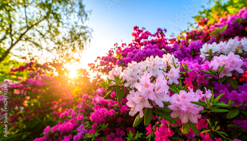 Golden Sunset Glows Through Vibrant Pink and Purple Rhododendron Blooms