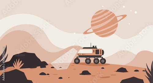 Rover exploring Martian landscape with planet and stars as a background element