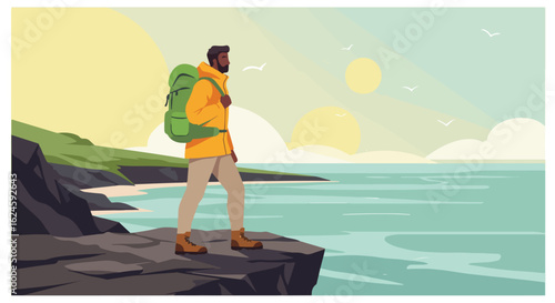 Hiker on cliff looks at sea during sunset with birds flying. Outdoor adventure stock
