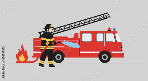 Firefighter uses hose to extinguish flames near firetruck. Use emergency concept