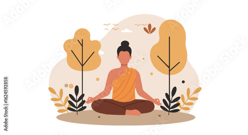 Person meditates in nature among trees; peaceful background. Health website use