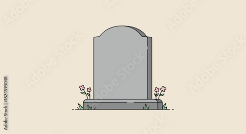 Gray headstone with flowers, flat vector on plain backdrop, text space, memorial