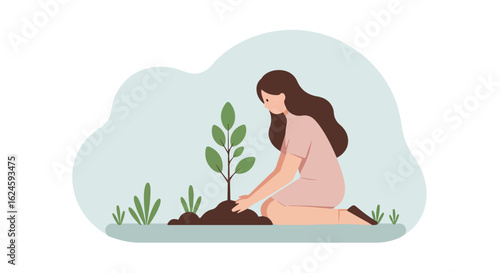 Woman plants tree in garden, symbolizing growth and care for the environment/future