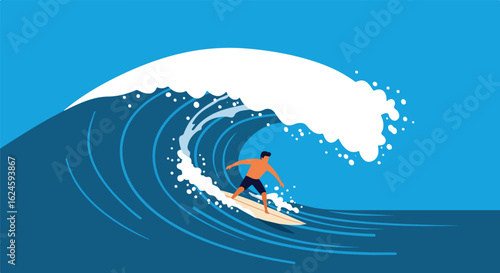 Surfer riding barrel wave, blue ocean backdrop, for sport, travel promotions