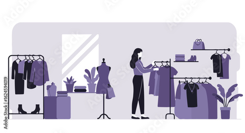 Person shops clothes at boutique or a thrift store, items are in the background