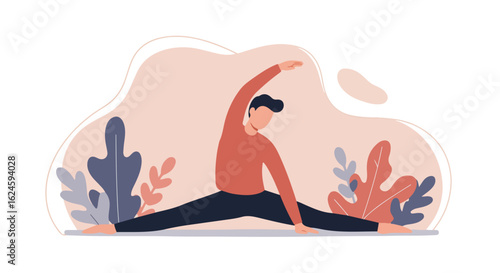 Man stretching for wellness on mat with botanical background for fitness blog