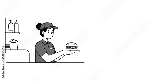 Worker serving burger at counter, condiments behind. Use service, restaurant
