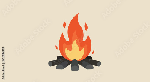 Campfire Burning. Illustration, fire pit, firewood logs, light backdrop, use for camping