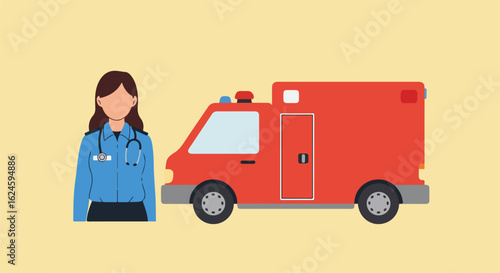 Emergency medic stands with ambulance, ready for rapid response in flat background